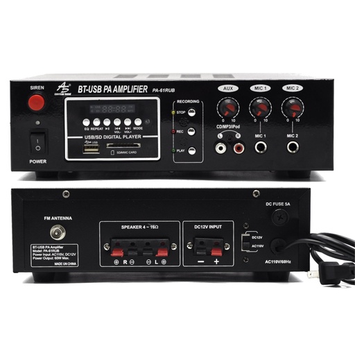 AMPLIFICADOR PERIFONEO MP3/USB/SD 60W PA-61RUB